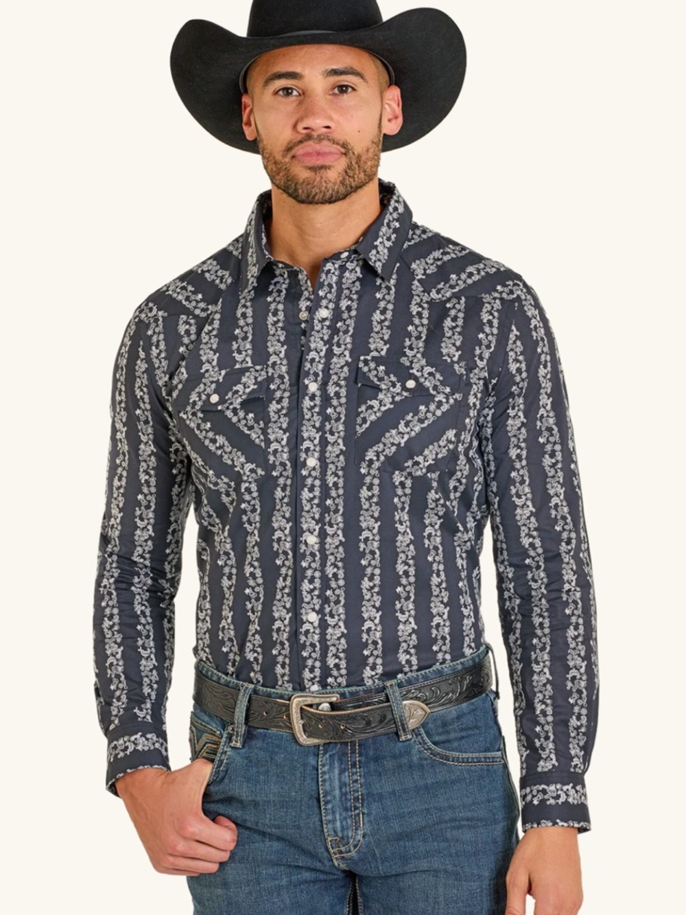 Panhandle Slim Men's Southwestern Black Floral Stripe Button-Down Shirt L